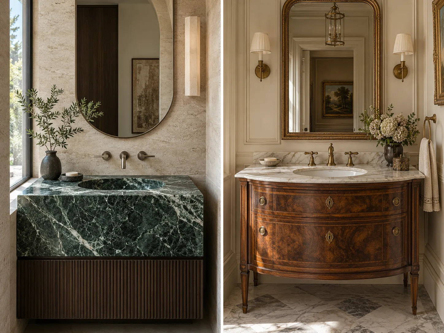 Two refined finished powder rooms feature a sculpted modern stone basin and a classical walnut vanity with elegant fixtures.