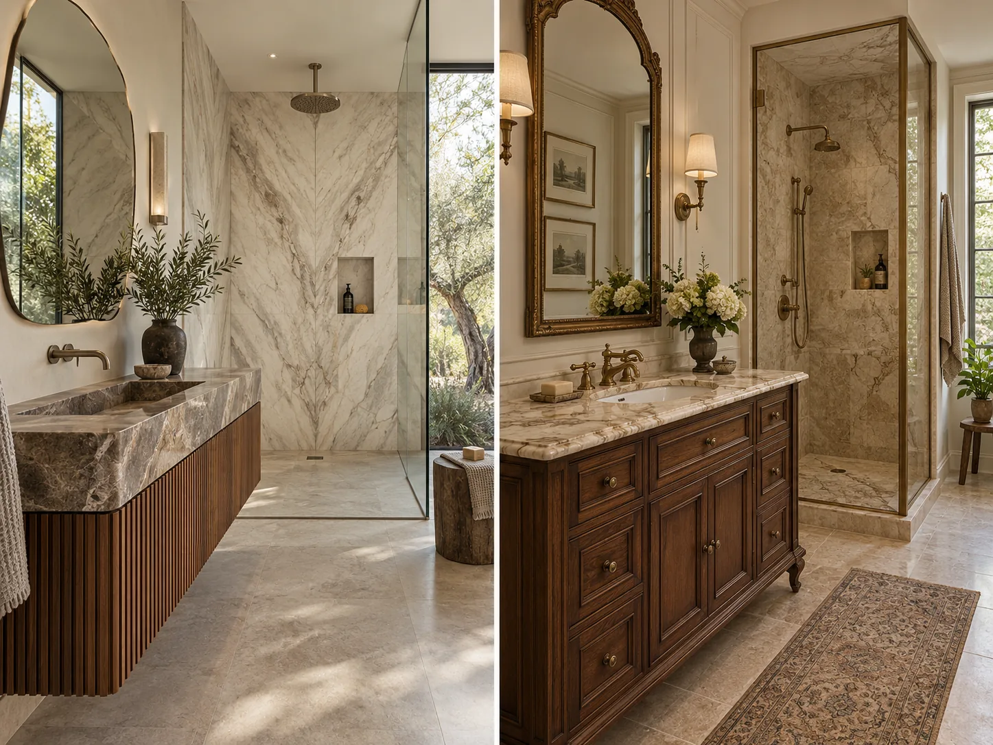 Finished modern and classical bathrooms combine a statement vanity, separate glazed shower, and rich stone finishes.