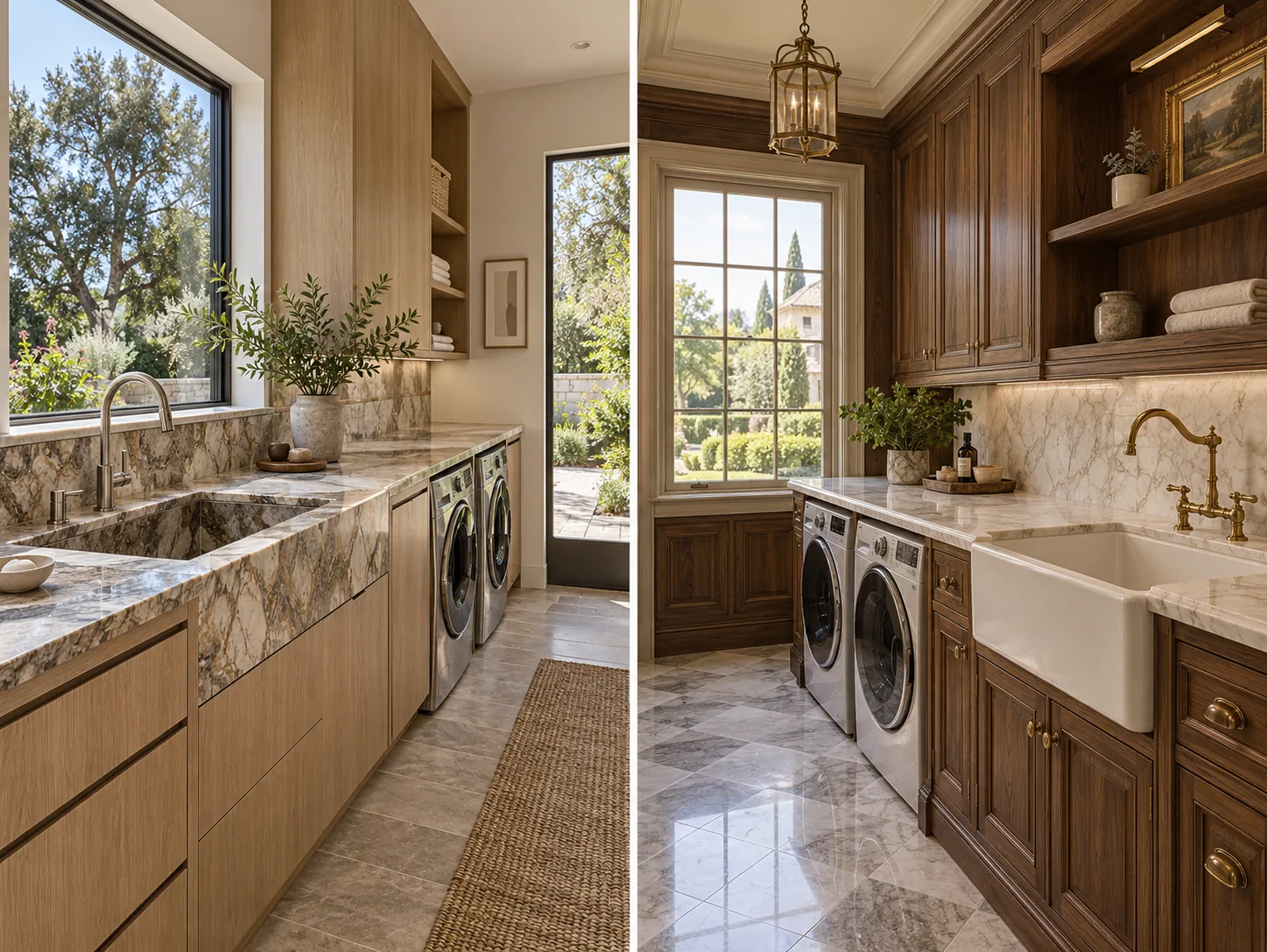 Modern luxury laundry room and classical walnut laundry room, each with a deep utility sink and integrated appliances.