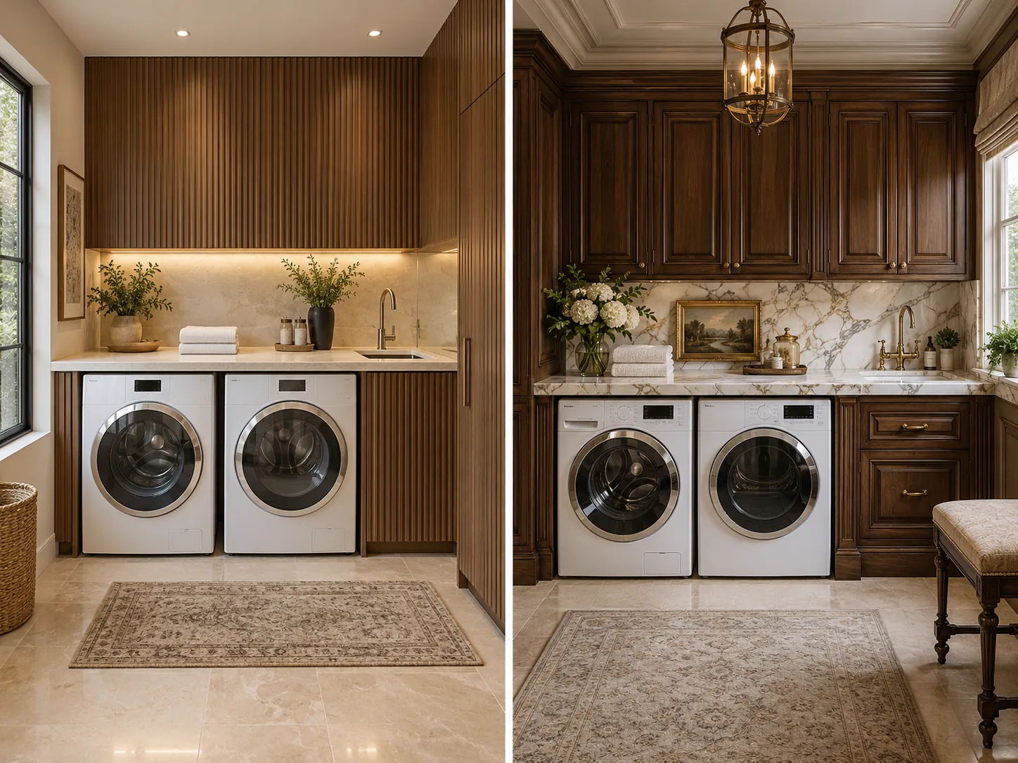 Modern walnut laundry suite and classical paneled laundry suite with side-by-side front-loading appliances.