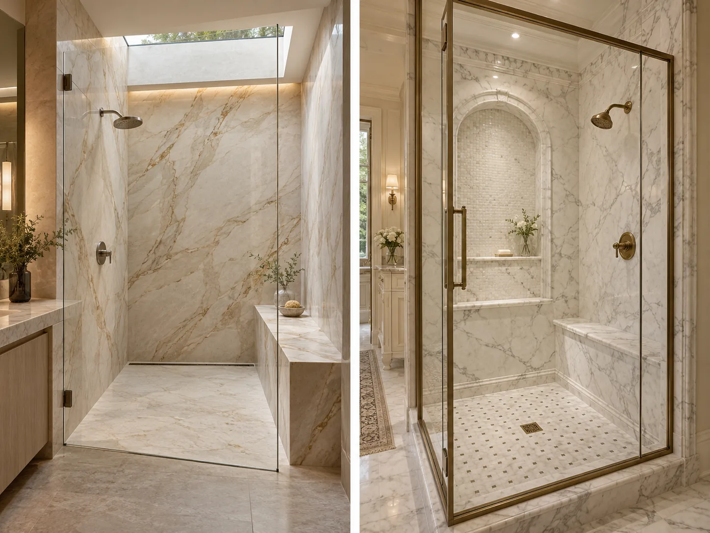 Two luxury walk-in showers, modern stone with a linear drain and classical marble with brass fixtures.