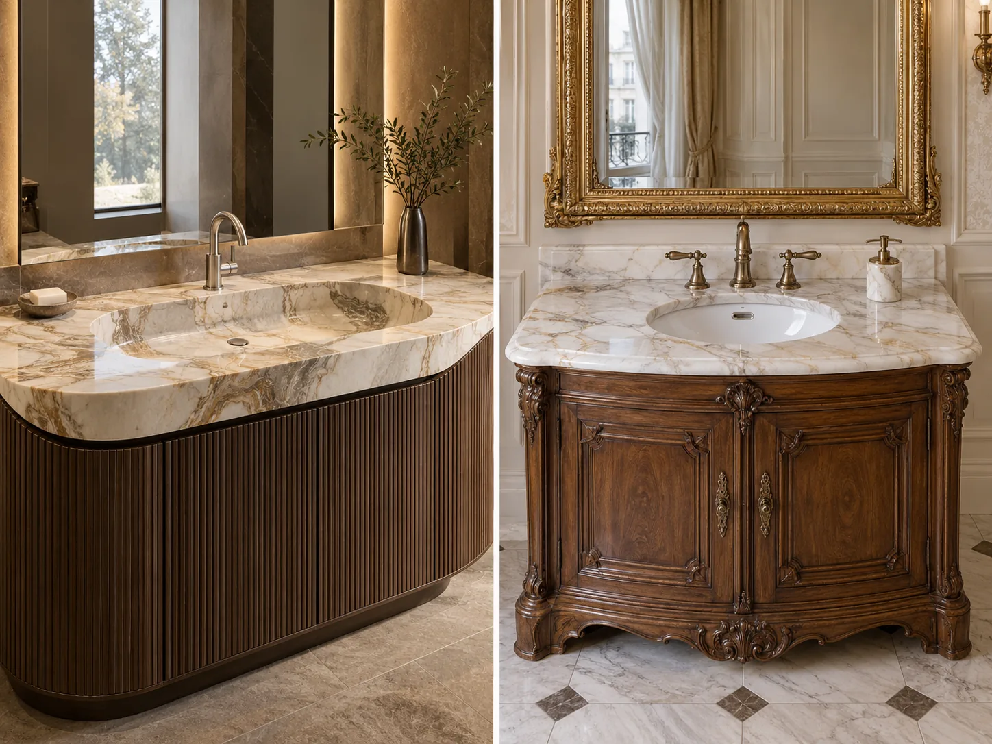 Two-panel luxury vanity collage: modern sculpted stone basin and fluted walnut on the left, classical marble and carved walnut vanity on the right.