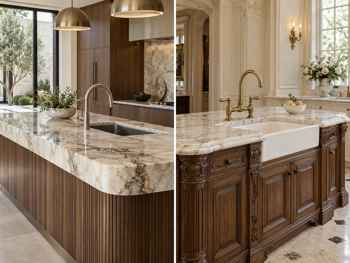 Modern quartzite island sink and classical marble kitchen sink with closed bespoke cabinetry.