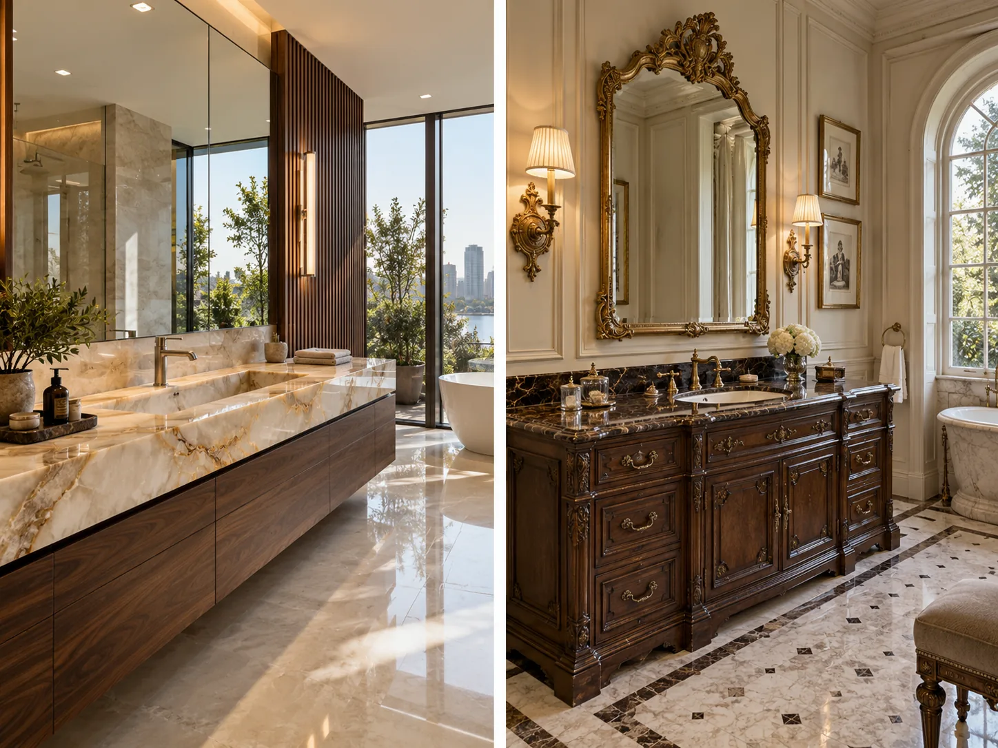 Modern stone bathroom and classical marble bathroom with bespoke vanities in a two-panel collage.