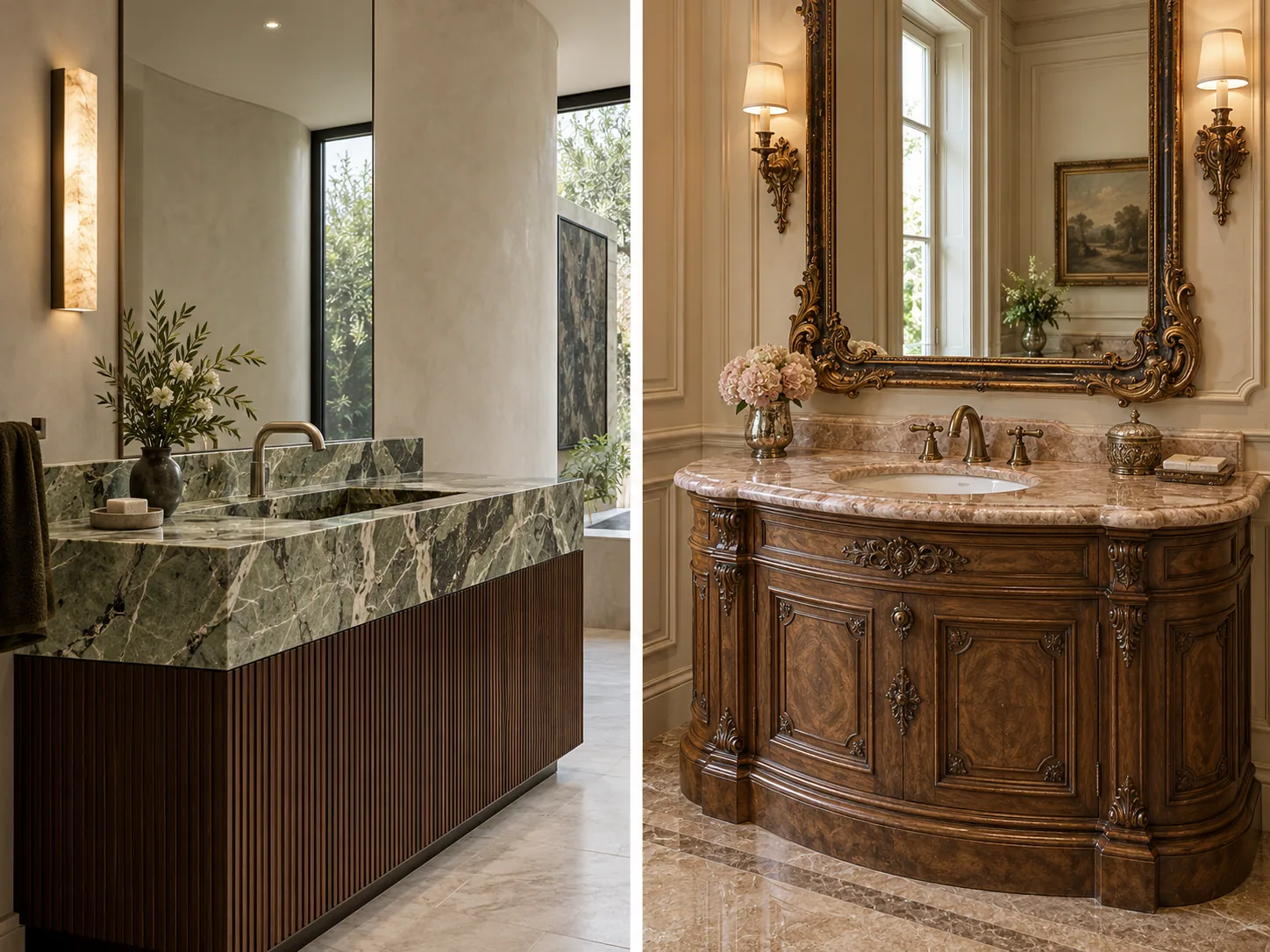 Modern green-stone vanity and classical walnut-and-marble vanity with all connections concealed.
