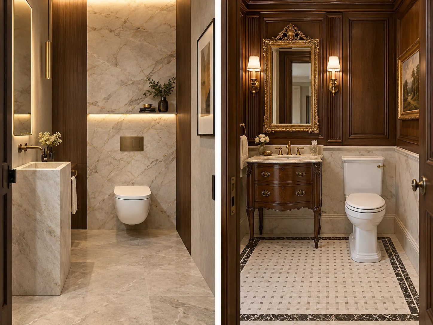 Modern marble water closet and classical walnut-paneled powder room with elegant toilets and handwash basins.