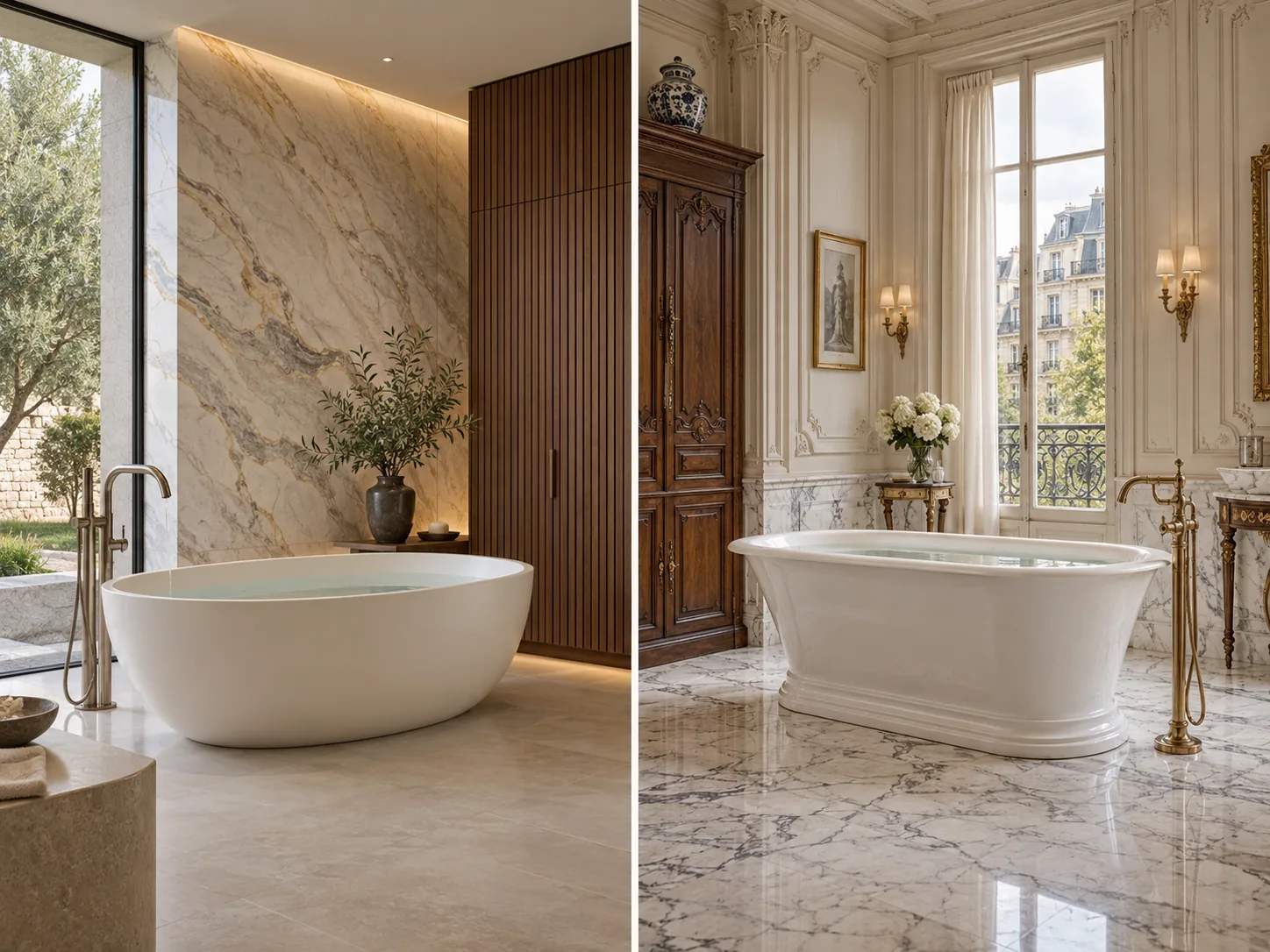 Modern and classical luxury bathing suites with freestanding soaking tubs and refined fixtures.