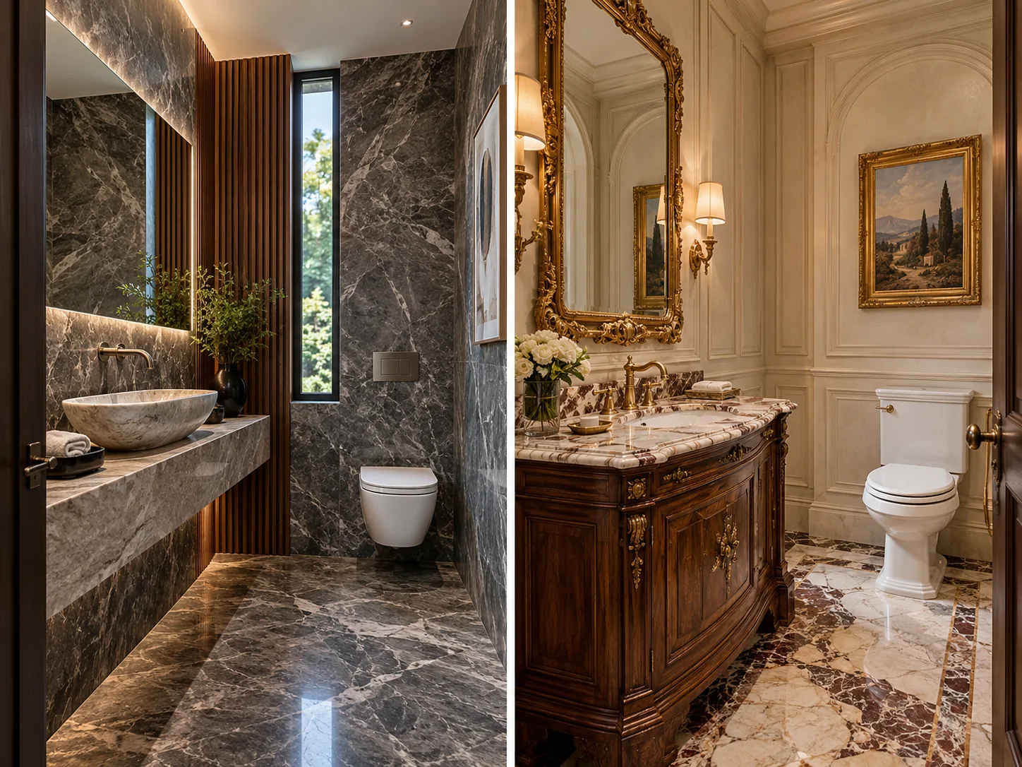 Modern dark-marble powder room and classical jewel-like powder room with finished basins and toilets.