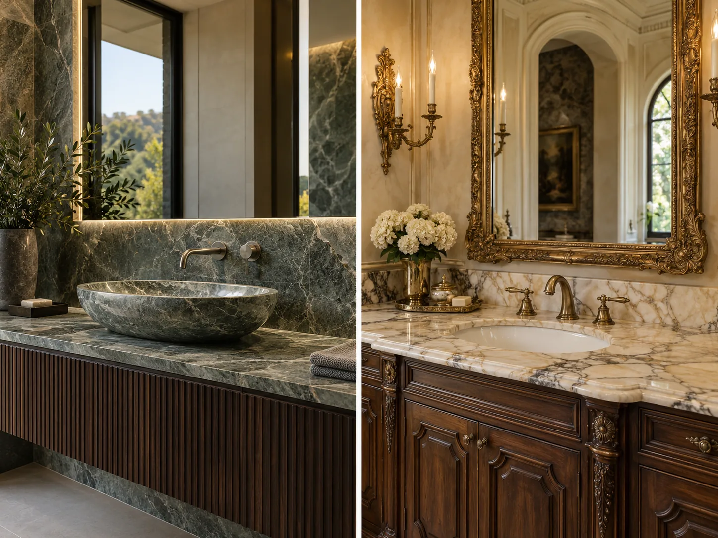 Designer modern stone basin and classical marble vanity with premium finished faucets in two panels.