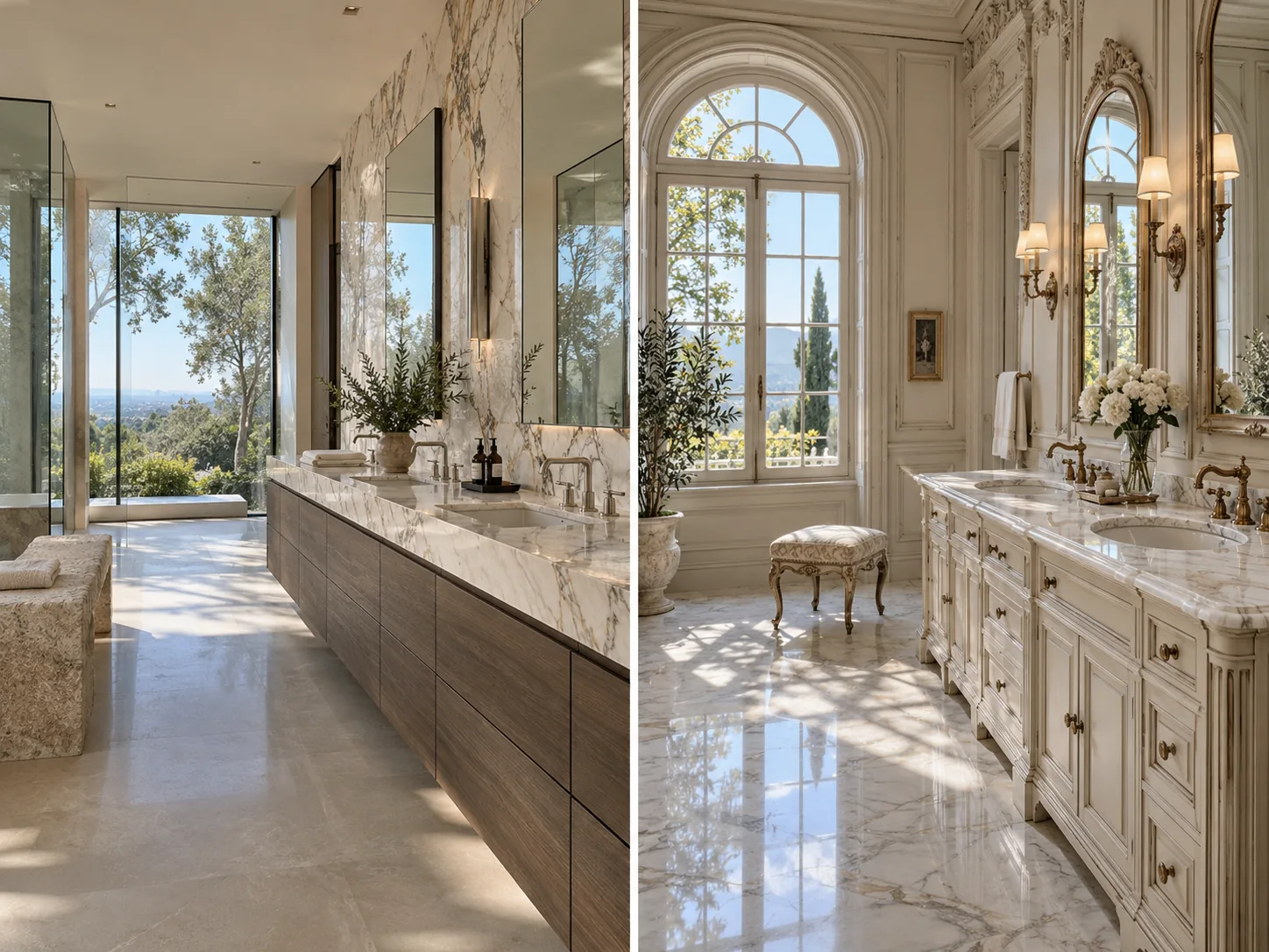 A modern estate bathroom and a renewed classical estate bathroom with high-end marble, wood and metal finishes.