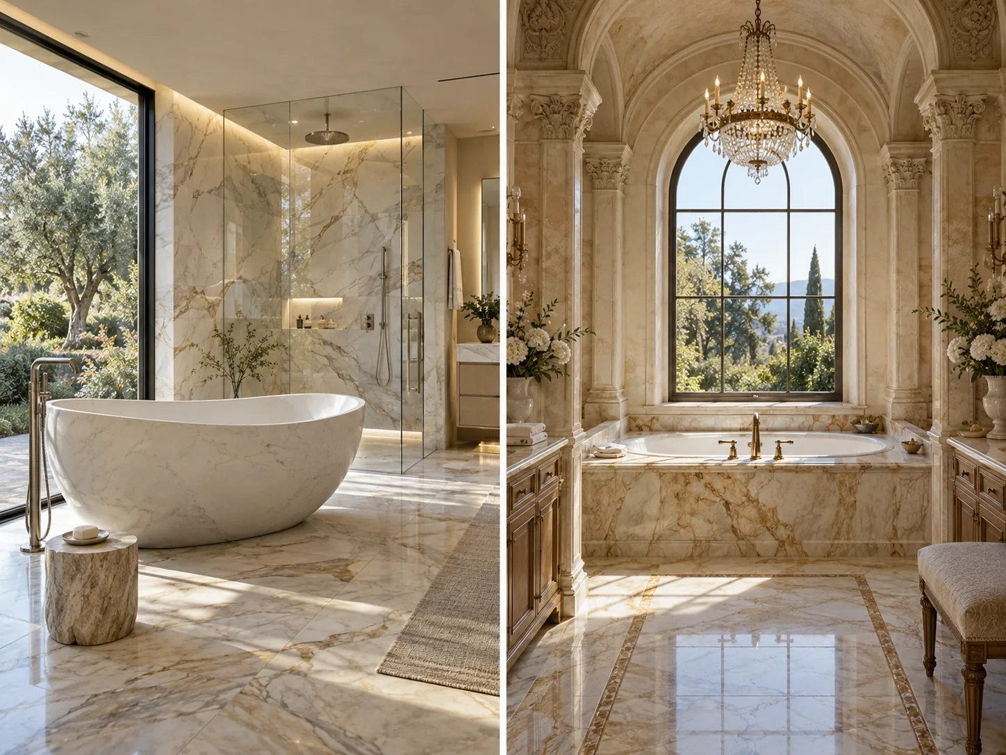 Two luxurious finished bathing suites, one modern marble and one classical marble with aged brass.