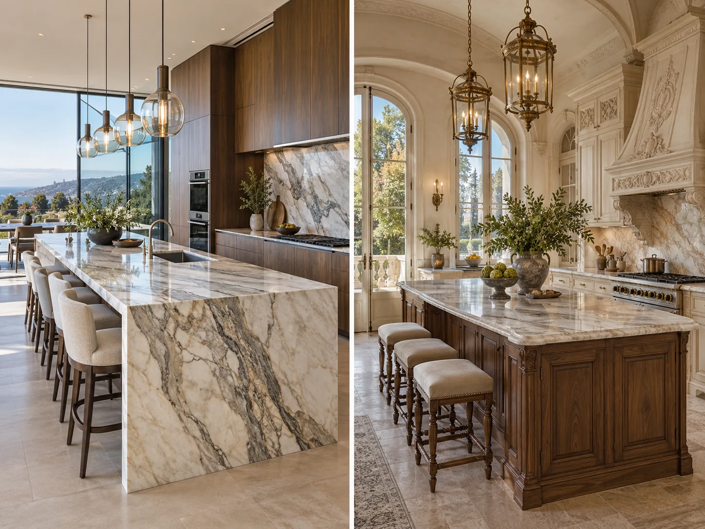 A modern marble-and-walnut kitchen paired with a classical European-inspired luxury kitchen.