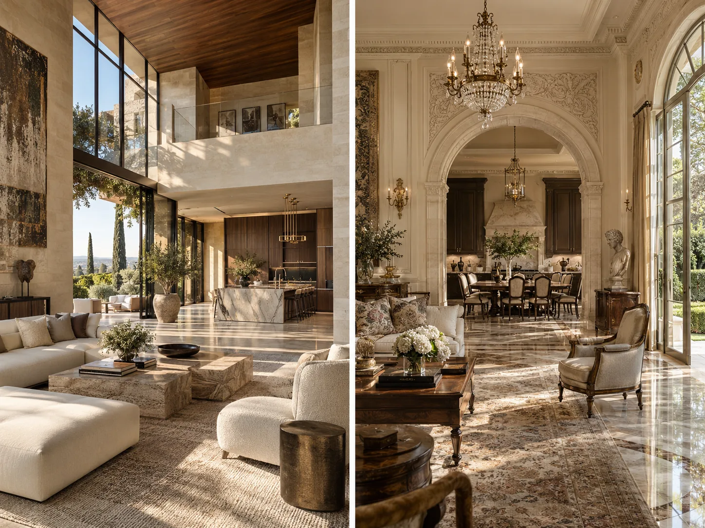 Modern California villa interior and classical European-inspired estate interior in two equal photo panels.