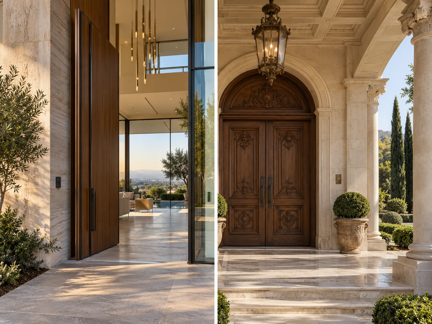Modern walnut-and-stone veranda and classical limestone covered entry, each with a small discreet control faceplate.