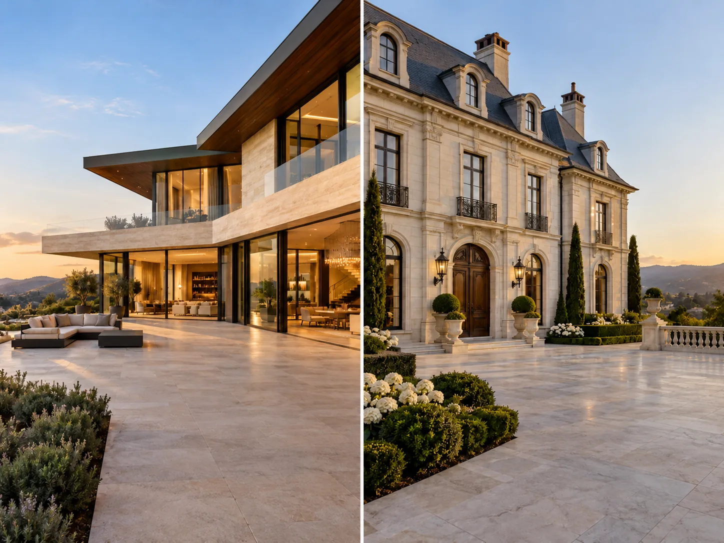 Two luxurious completed estates with broad stone terraces, modern architecture on the left and classical stone architecture on the right.