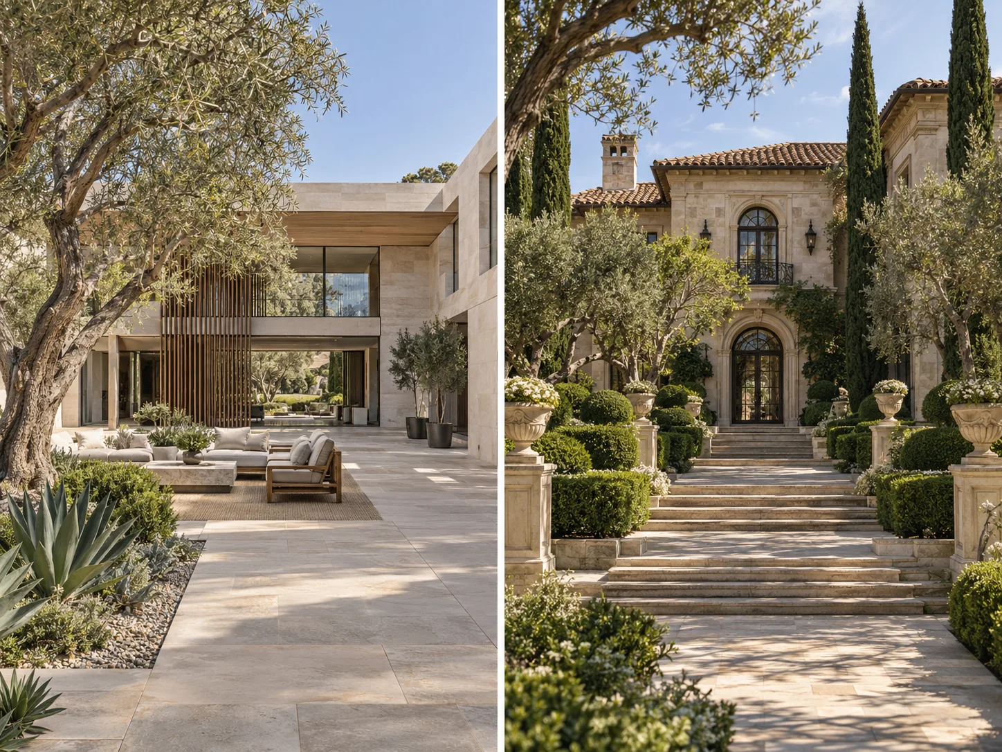 Luxurious modern courtyard garden and classical estate garden with stone paths and mature landscaping.