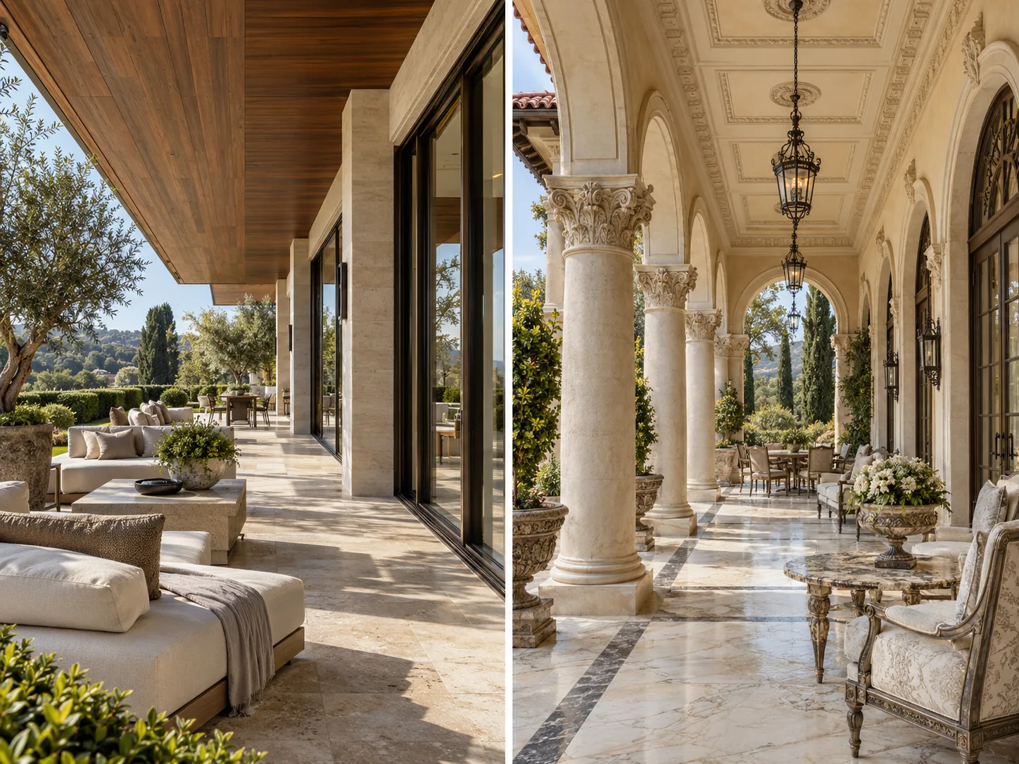 Modern villa terrace under deep timber eaves and an opulent classical marble-and-stone loggia.
