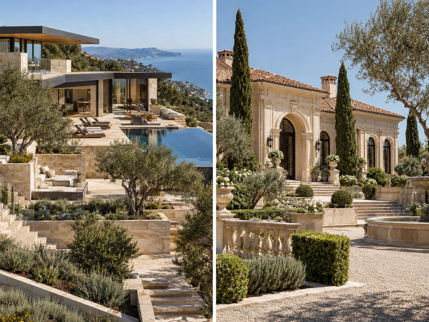 Two exceptionally luxurious California estates, one modern and one classical, with their rooflines clearly visible.