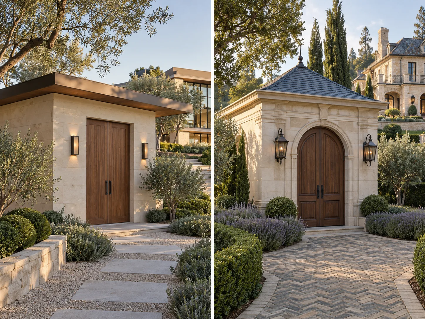 Modern limestone utility pavilion and classical stone garden pavilion within luxurious finished estate landscapes.