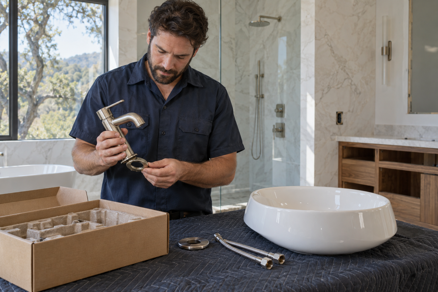 Installer checking premium faucet mounting components on a padded workbench in a luxury California bathroom