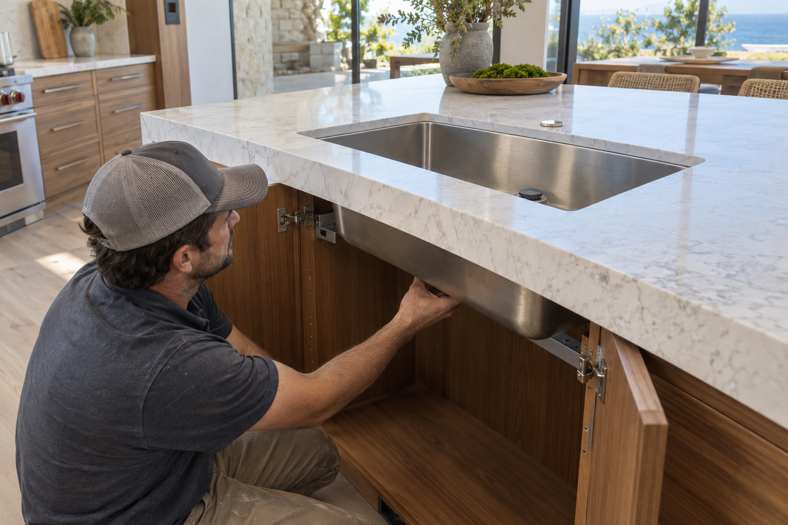 Installer checking the mechanical support rails beneath a stainless undermount sink in a luxury walnut kitchen