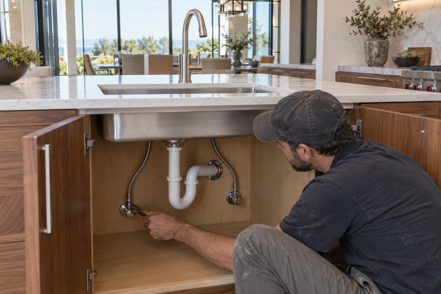 Kitchen faucet with separate braided water connectors, accessible shutoffs, and a rigid P-trap beneath the sink
