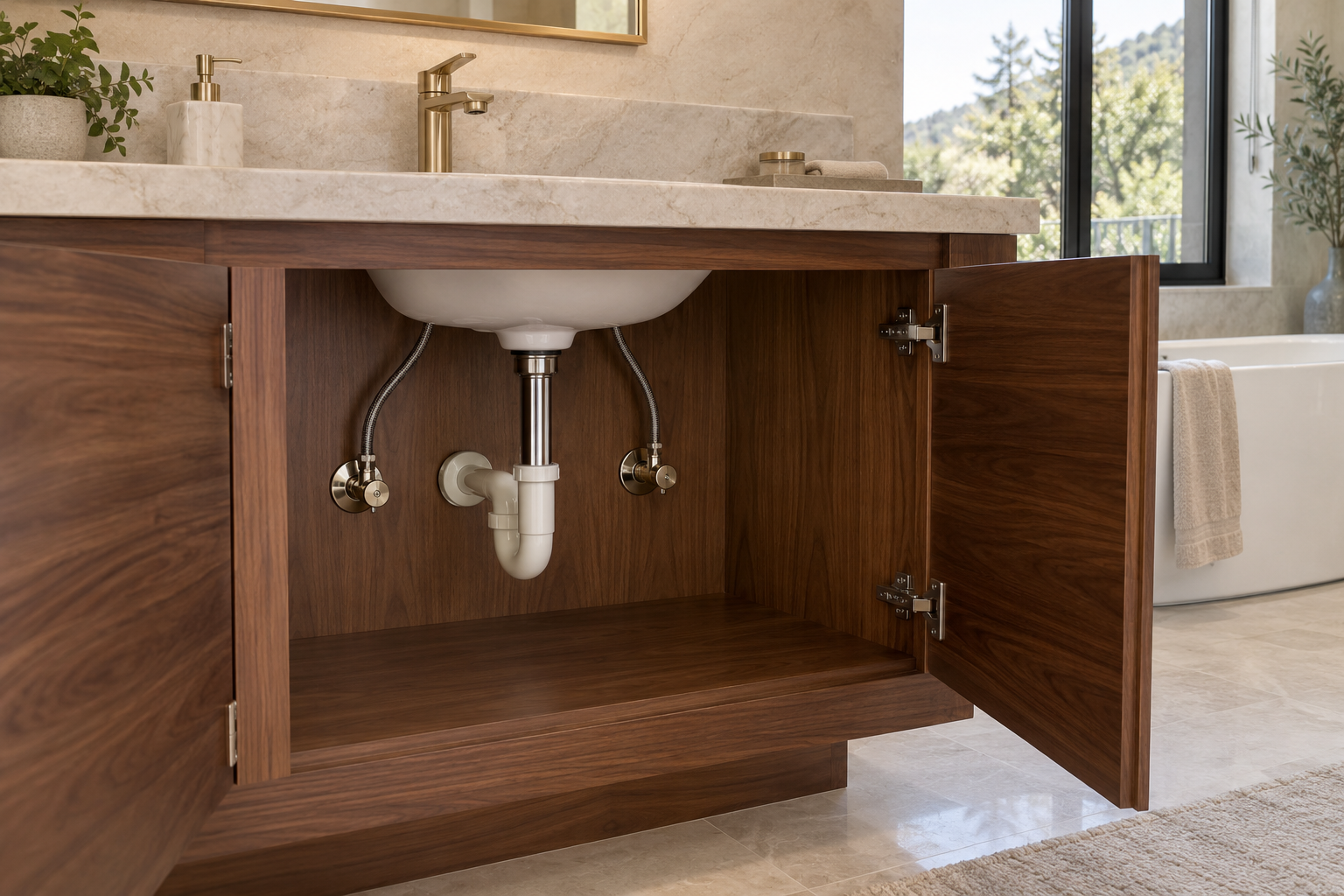 Finished marble and walnut vanity with separate supply connections and a compact rigid P-trap