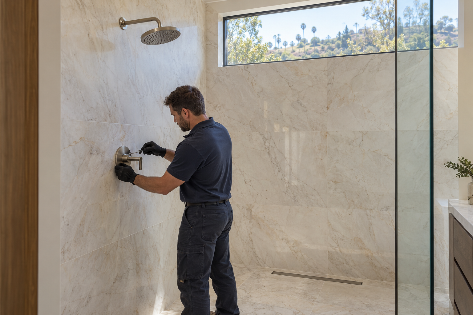Installer fitting brushed-metal shower trim on a finished marble wall beneath a downward-facing showerhead