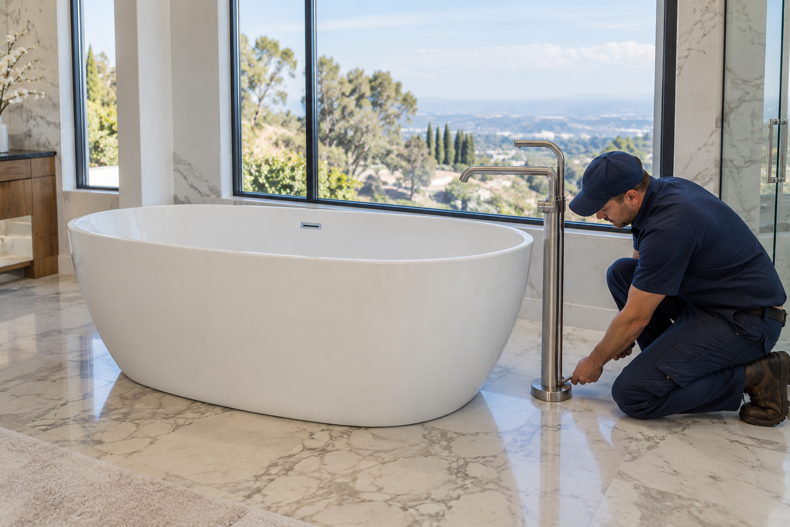Plumber securing a floor-mounted filler beside a freestanding tub with the spout visibly above the tub rim