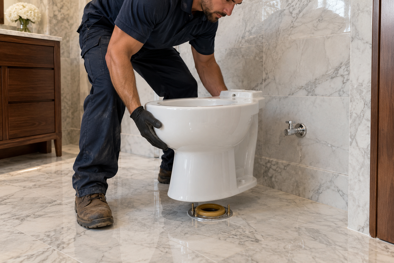 Installer carefully lowering a toilet bowl toward a floor flange, seal, and closet bolts on finished bathroom tile