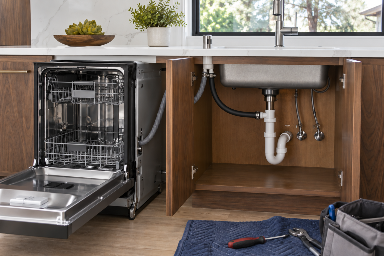 Dishwasher beside an open sink cabinet with a vented countertop air gap and separate inlet and downhill outlet hoses