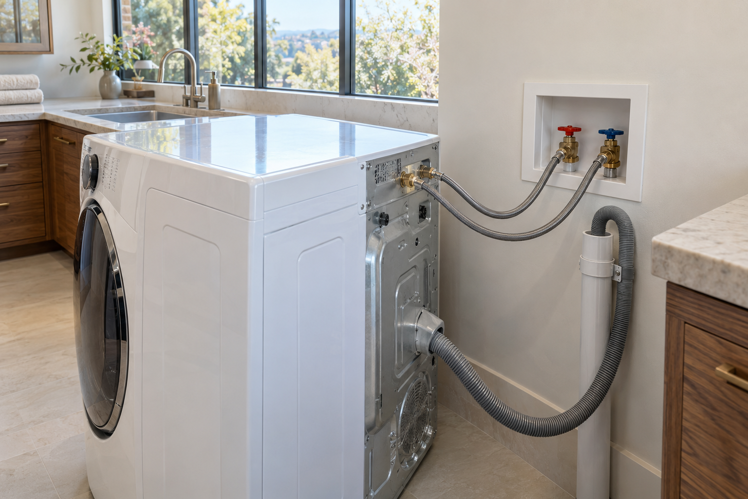 Premium washing machine with separate supply hoses and a secured drain hose entering an open standpipe
