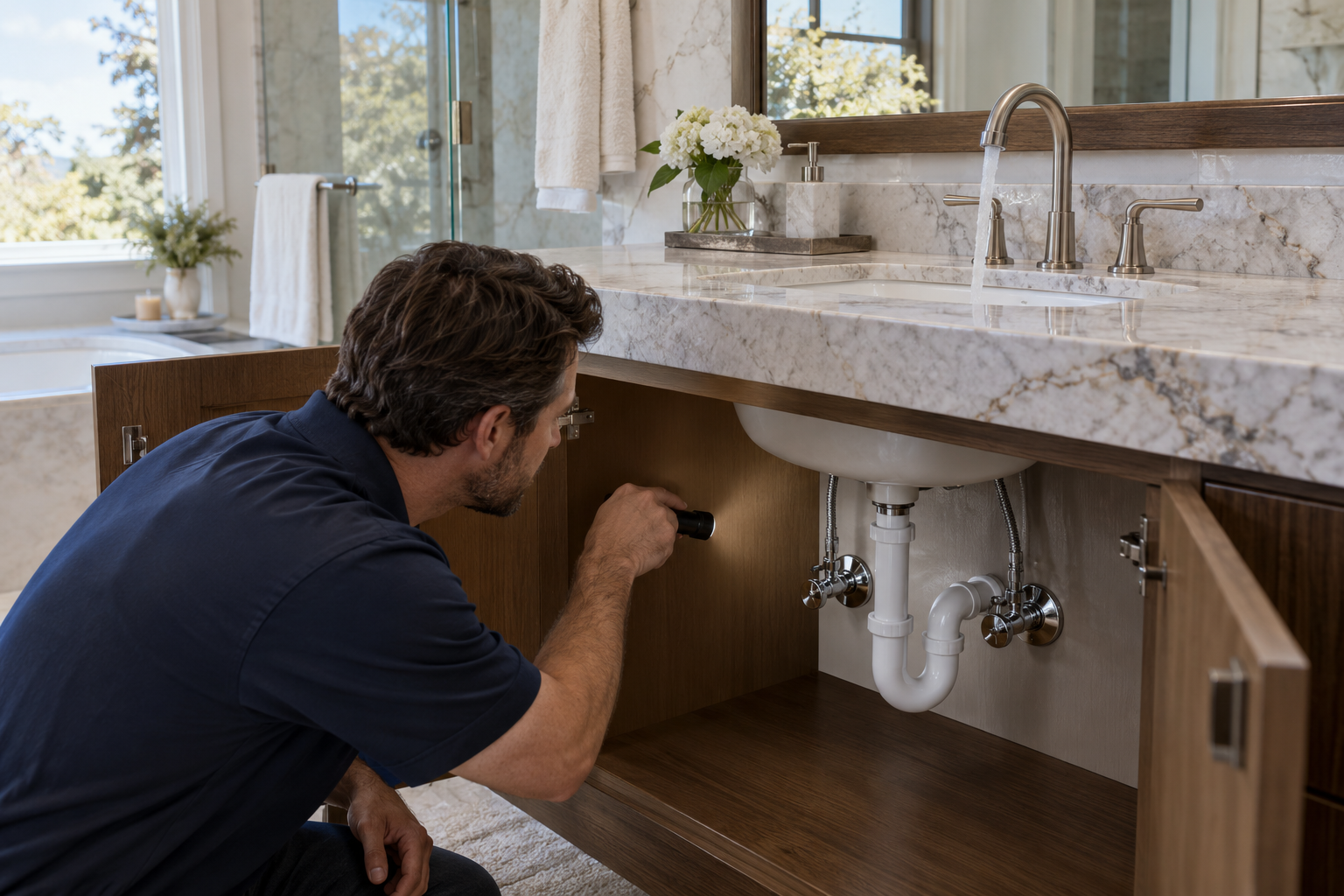 Plumber checking accessible vanity connections while water flows from the finished faucet into the basin