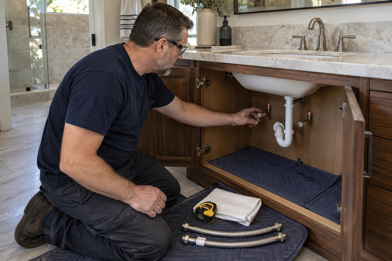 Plumber reviewing two capped water outlets and prepared supply connectors inside a protected luxury vanity