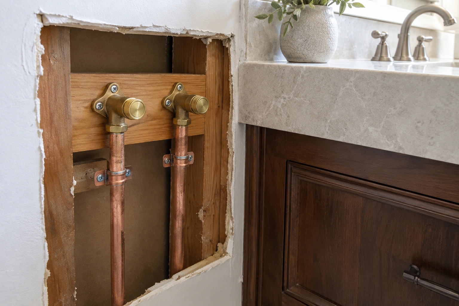Two independent copper water lines with capped brass outlets secured to solid wood blocking
