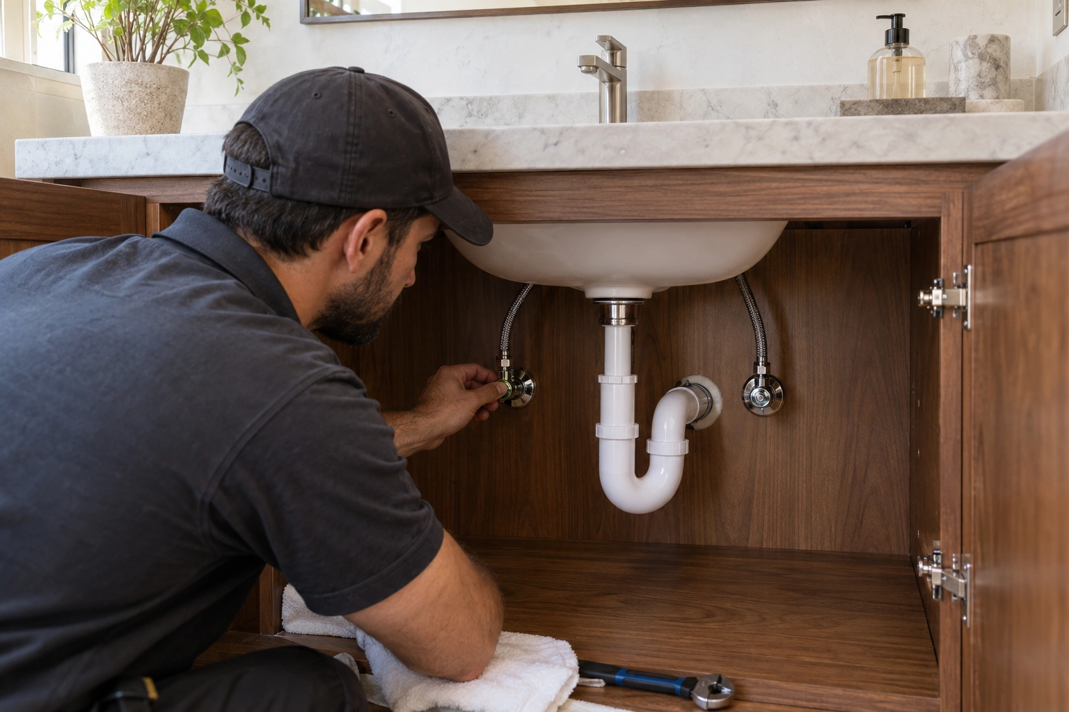 Plumber checking two separate braided faucet supplies inside a single-basin walnut vanity