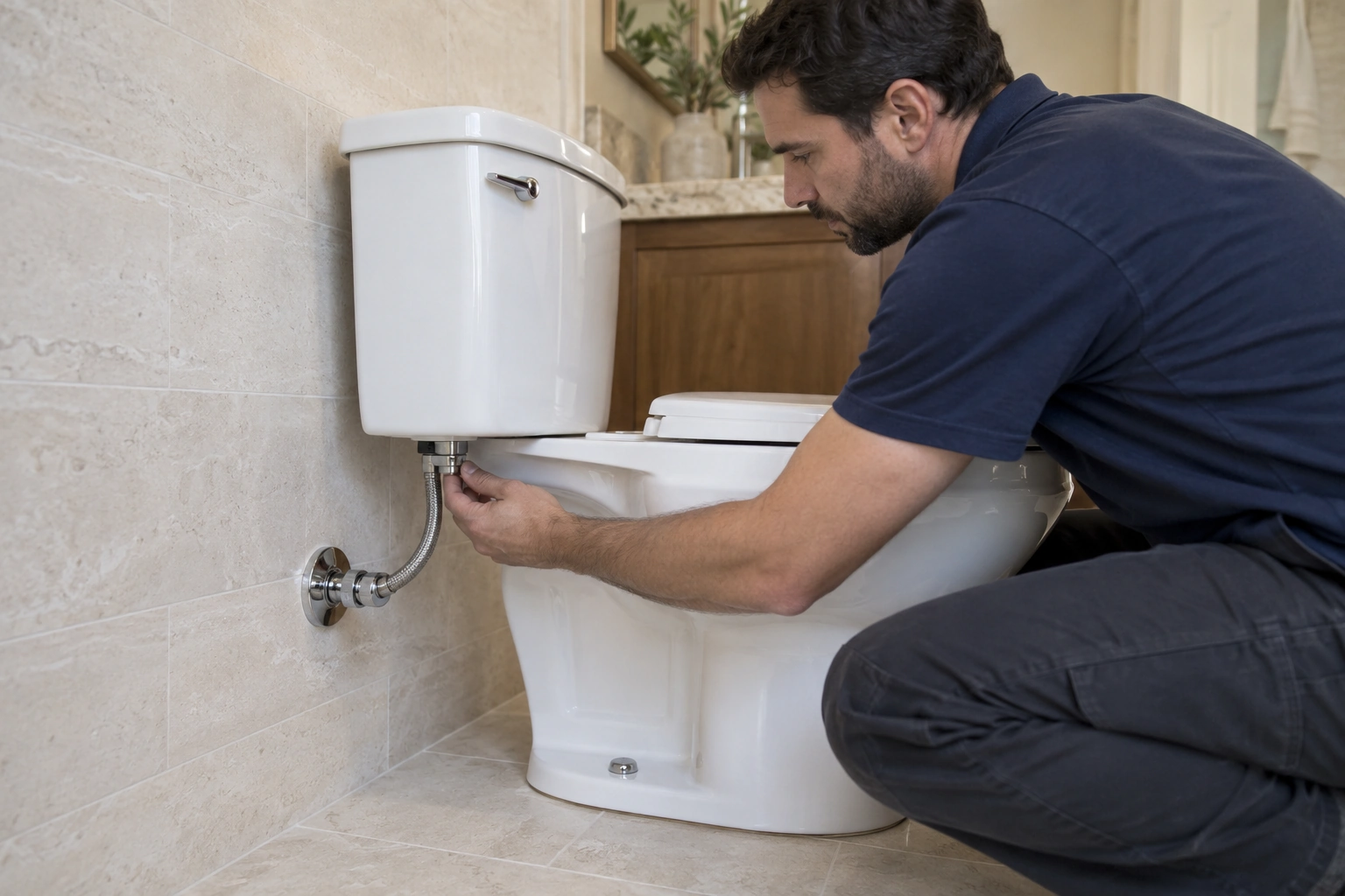 Installer checking a braided connector between a wall shutoff and the underside of a toilet tank