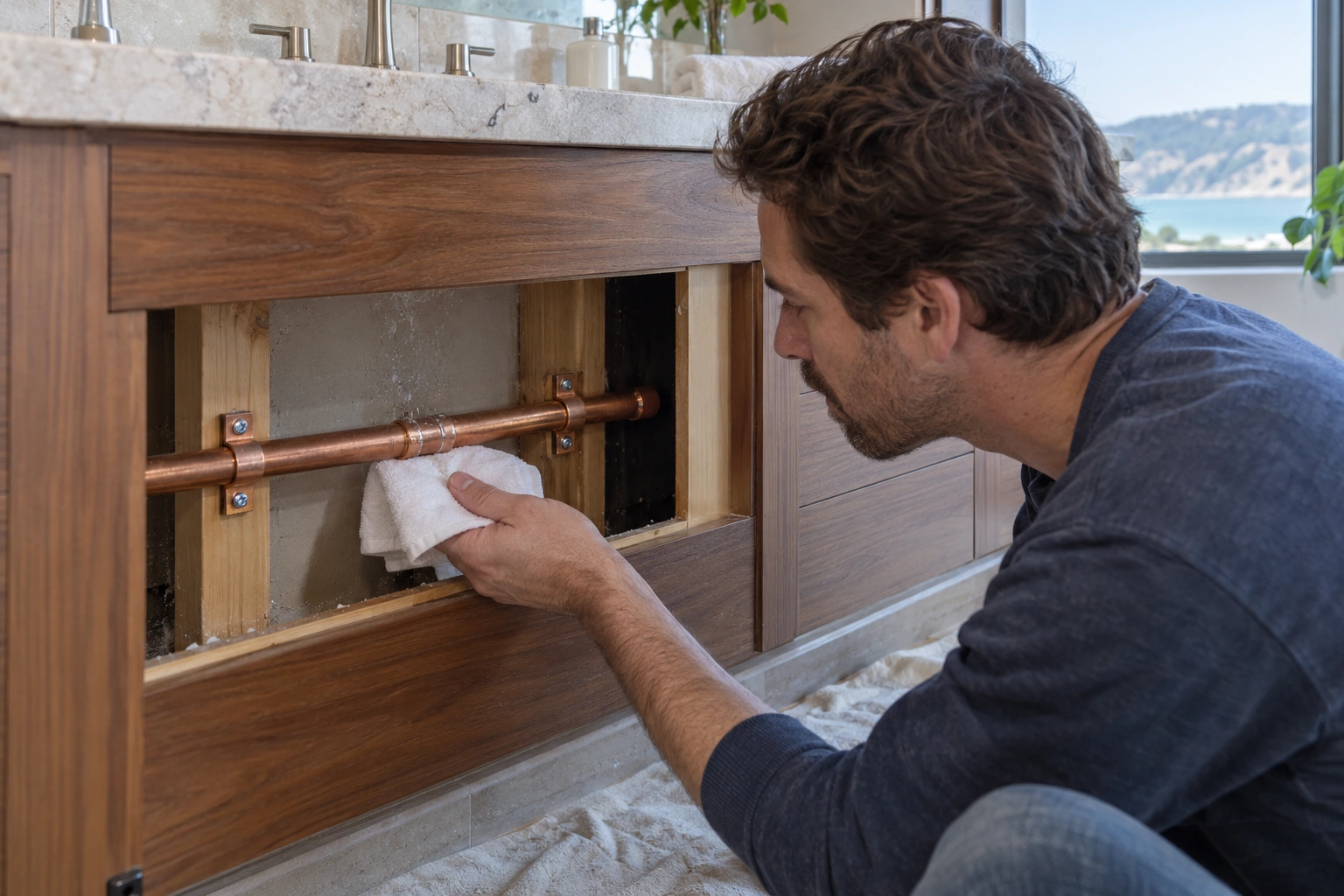 Plumber checking a connection beneath a luxury bathroom vanity