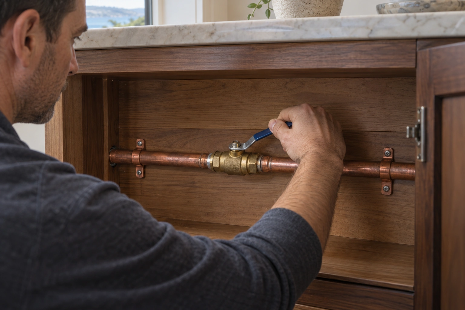 Technician operating an accessible brass ball shutoff on a supported copper water line inside a utility cabinet