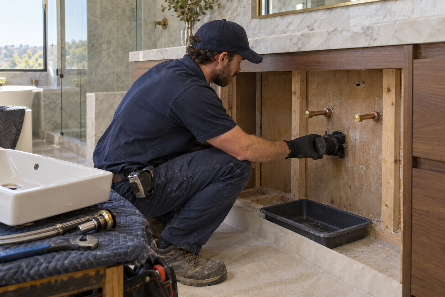 Plumber checking temporarily capped supply and drain connections after a bathroom basin has been removed