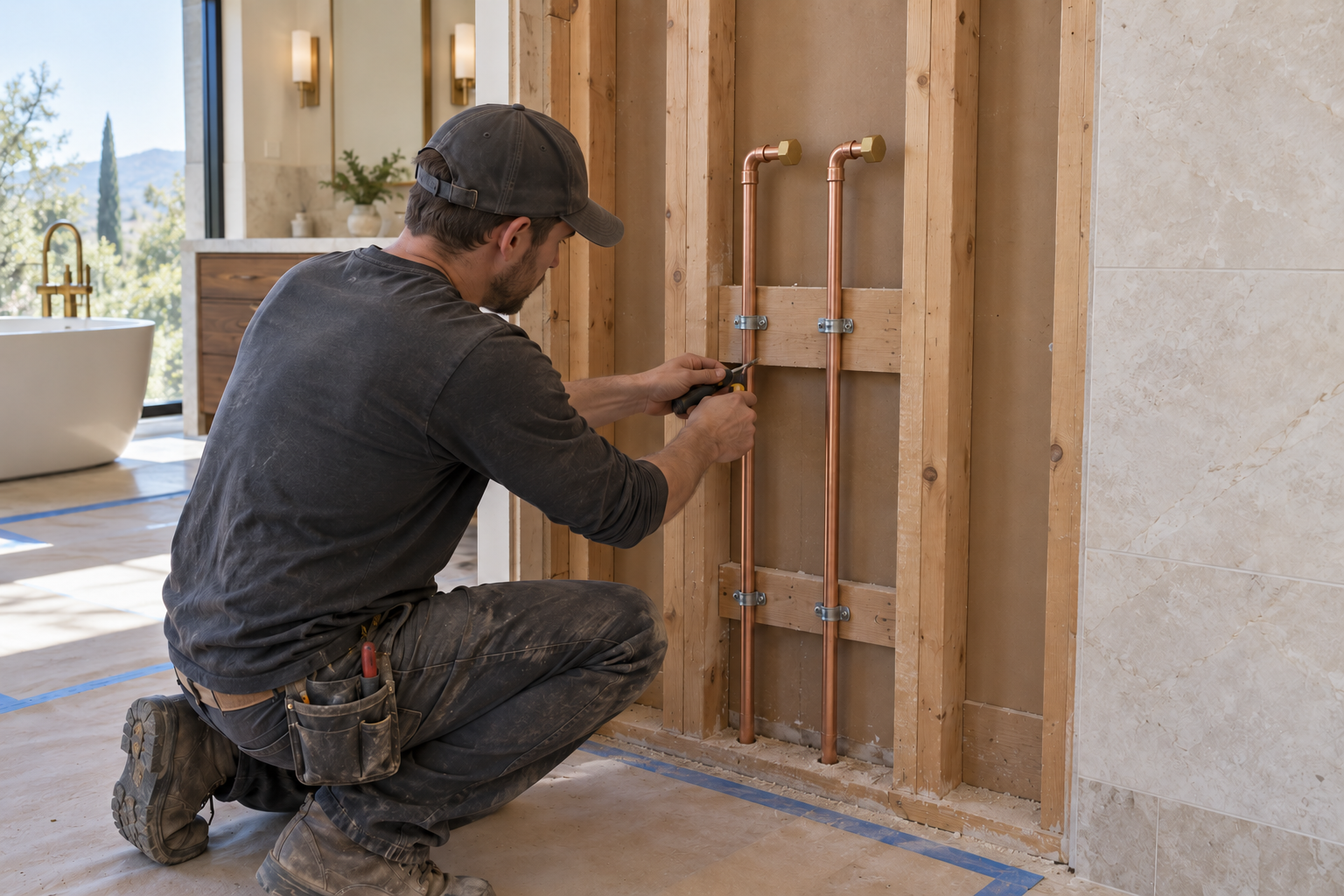 Two separately supported copper supply risers with brass caps at the new fixture location