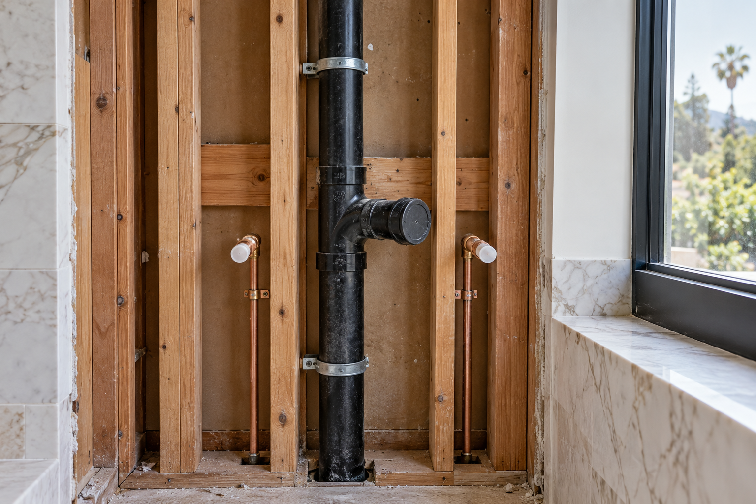 Capped lavatory drain inlet in a vertical ABS drain-and-vent assembly beside two separate water supply stubs