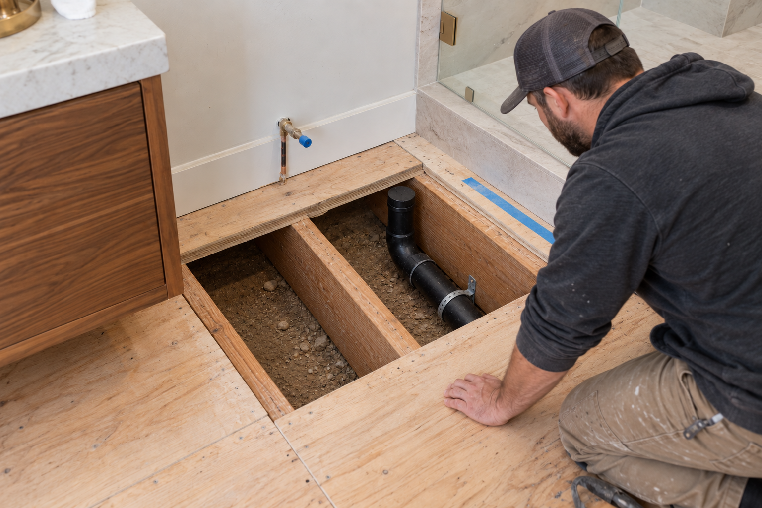 Capped toilet drain riser and supported ABS branch routed between intact floor joists