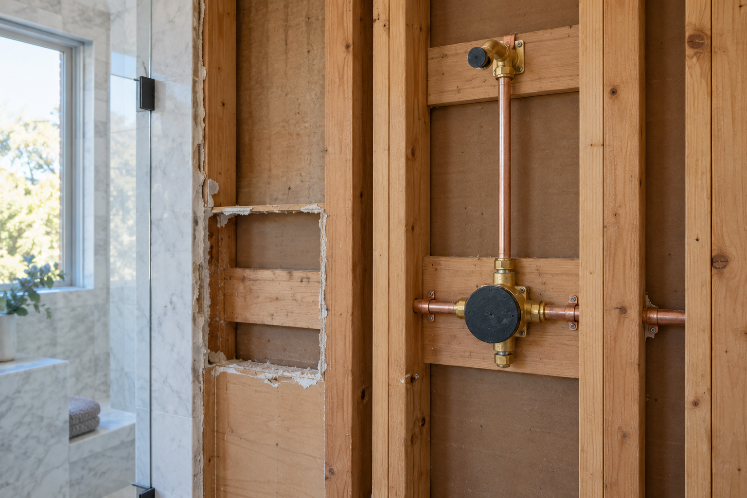 Supported shower valve at a new position with separate supply connections and a riser to a capped showerhead outlet
