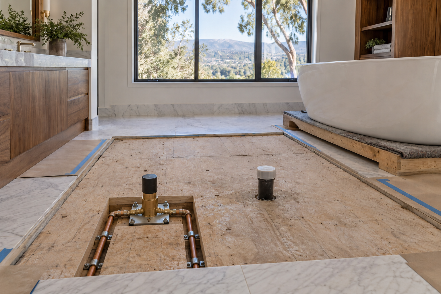 Recessed floor-filler mounting assembly with separate copper feeds and a distinct capped tub drain beside a protected freestanding tub