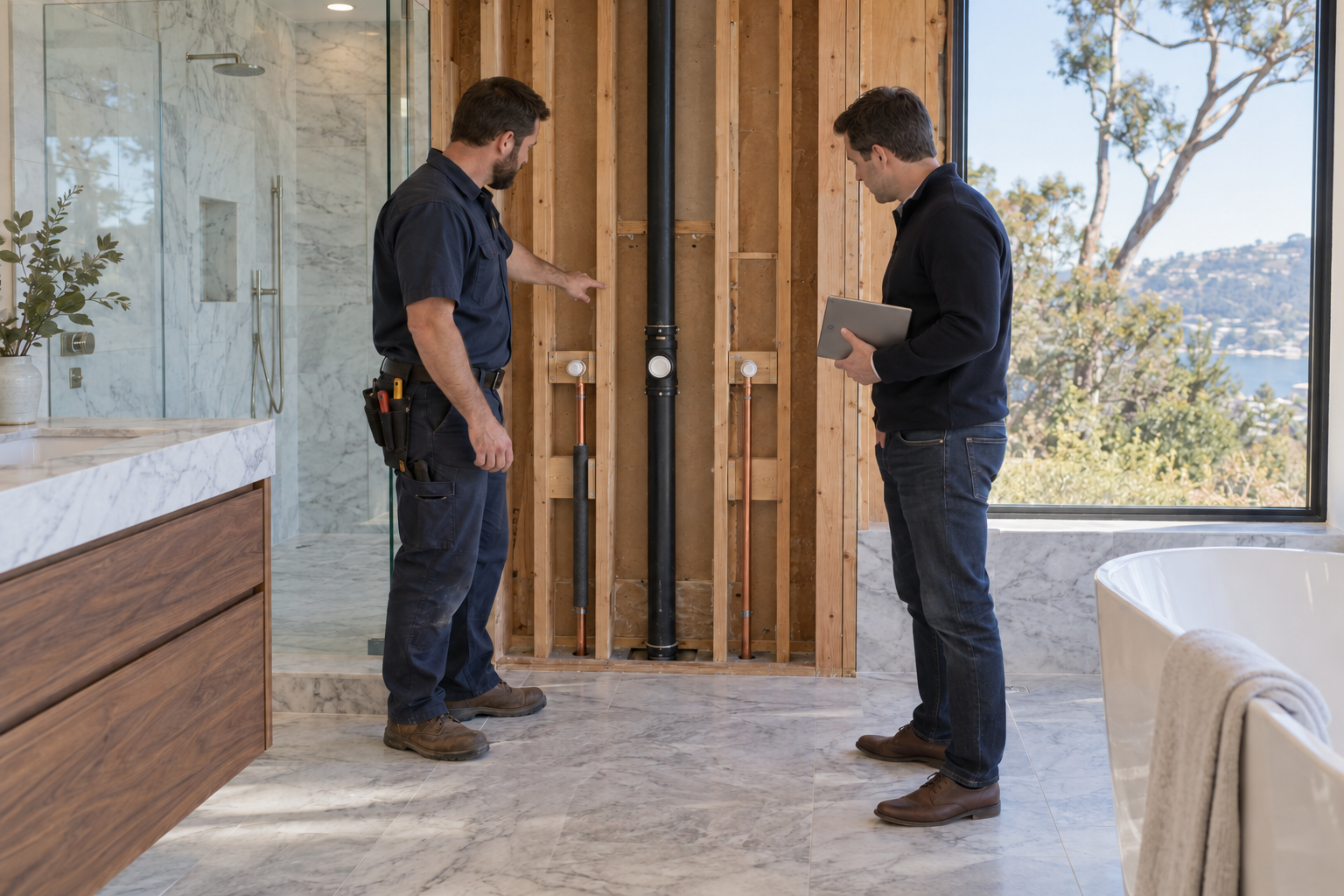 Plumber and reviewer examining exposed independent supplies and an upward drain-and-vent route at the new fixture location