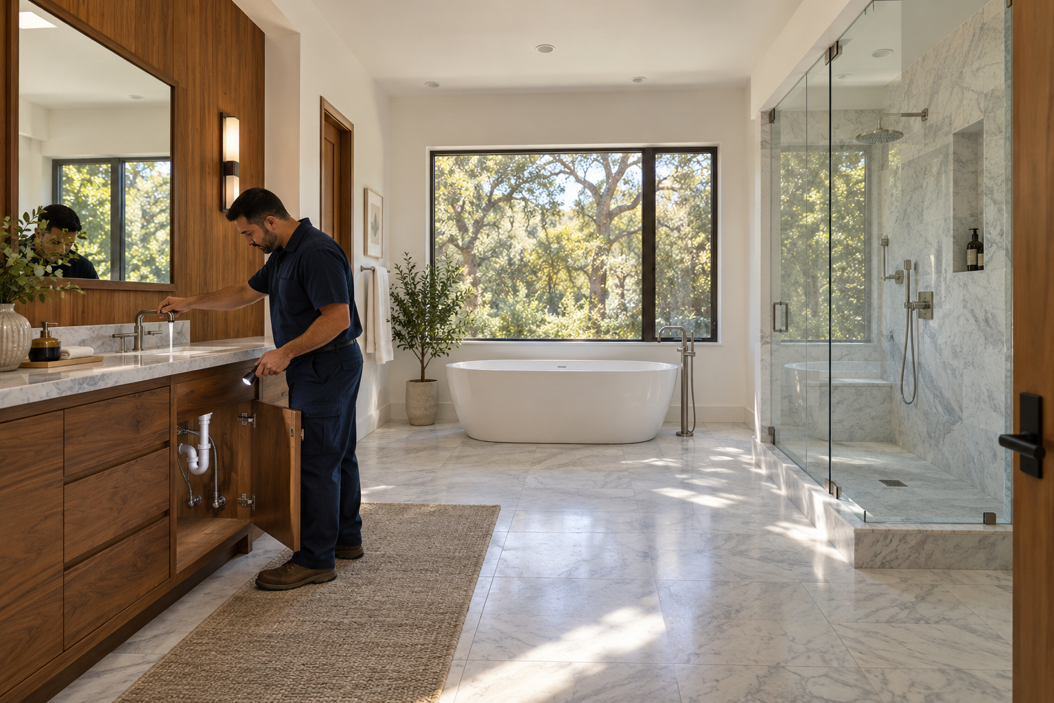Plumber operating a faucet and checking accessible connections in a completed luxury bathroom layout