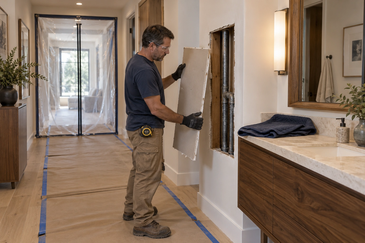 Installer lifting a drywall panel beside protected flooring and a dust barrier in a luxury home