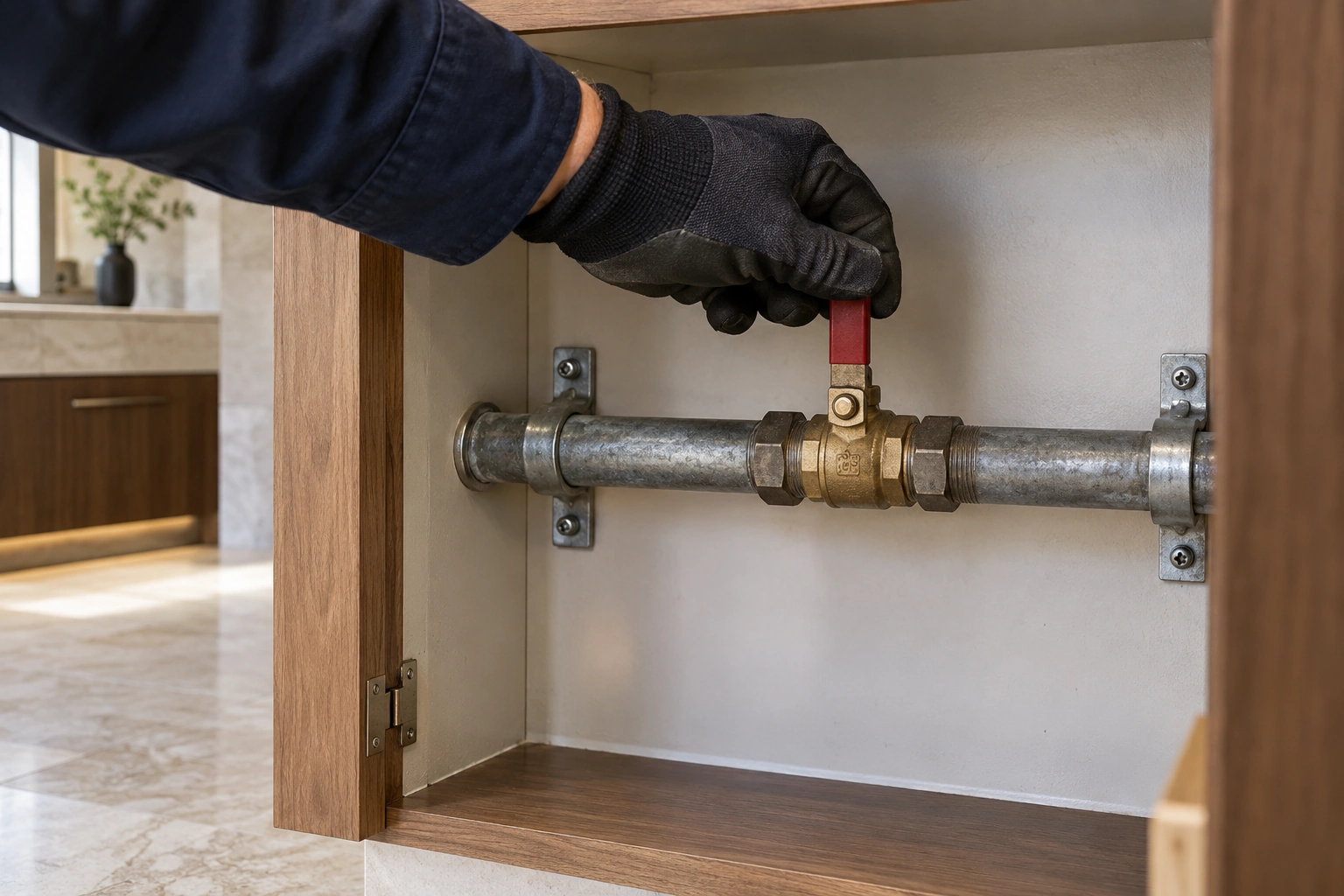 Gloved hand closing a brass shutoff valve on a supported galvanized water supply line