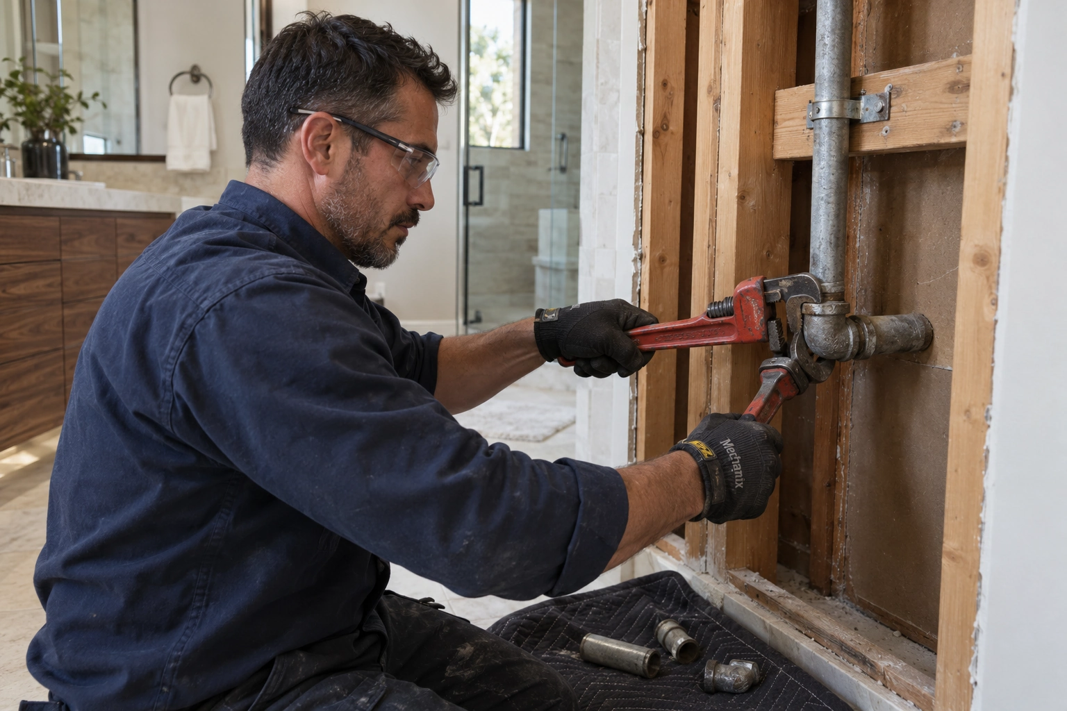 Plumber using two pipe wrenches at a supported galvanized water branch in an open wall